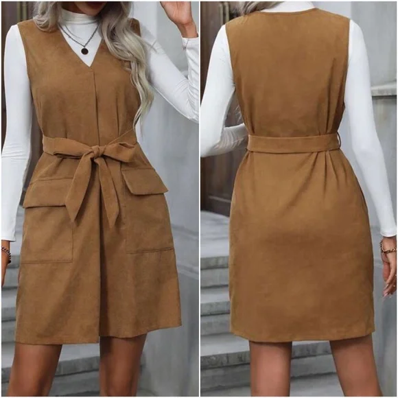 Classic Sleeveless V neck Belted Mini Dress - Picture 2 of 3